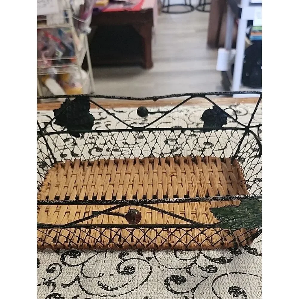 Woven Rattan & Decorative Metal Basket - Brown and Black